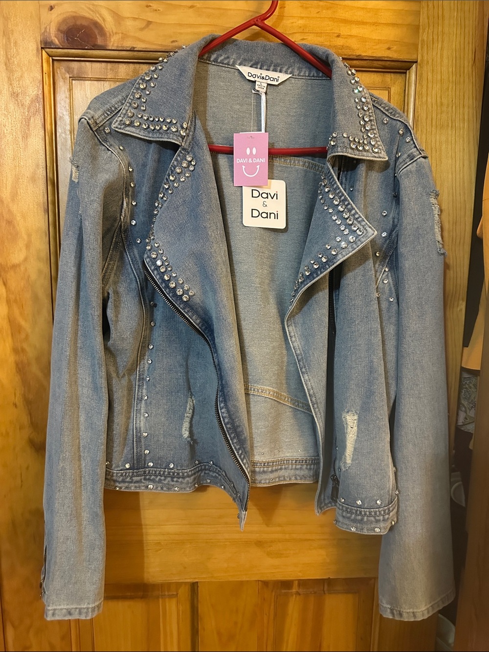 DAVI & DANI Light Wash Studded Denim Moto Jacket
